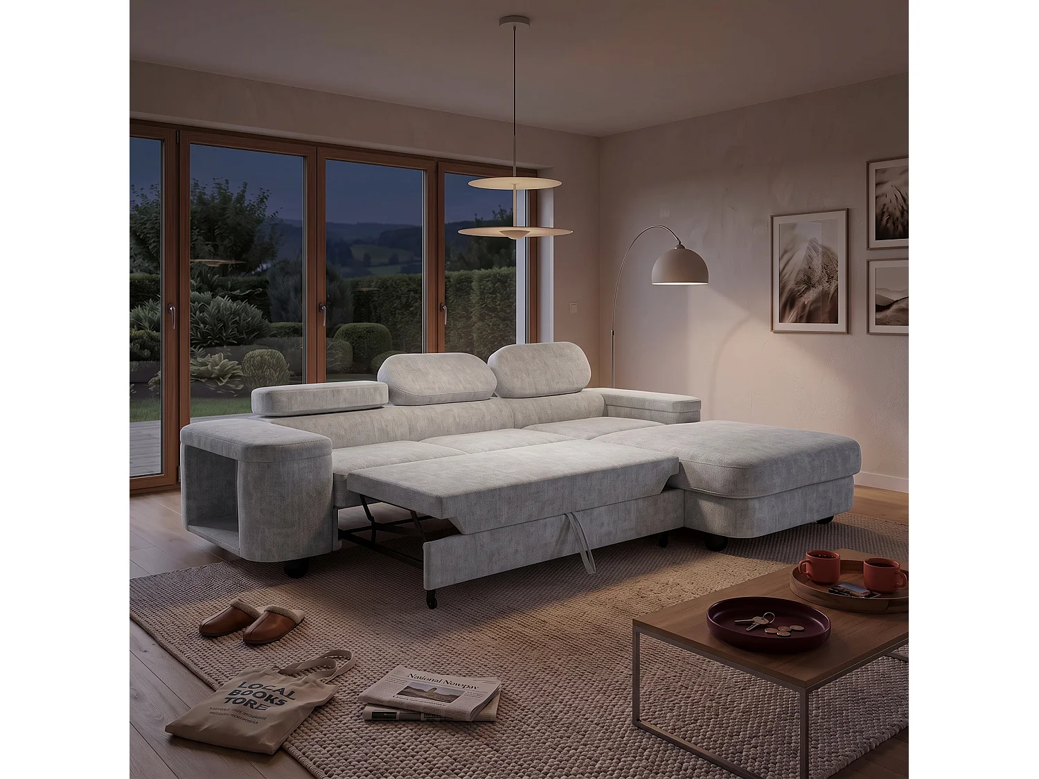 Canapé d'angle droit 3 places en tissu chenille gris clair LOVE