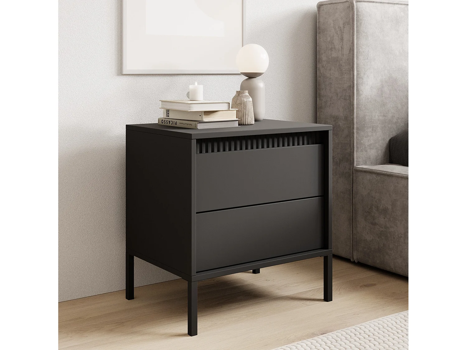 Table de Chevet Ferrato avec 2 Tiroirs, Listeau Cannelé et Pieds en Métal - Noir Mat - 54 cm