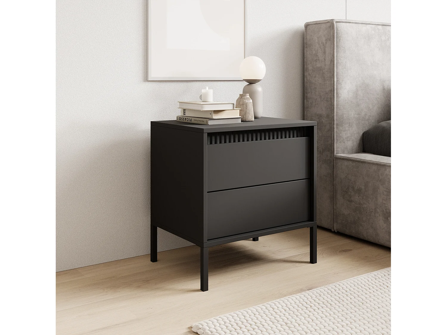 Table de Chevet Ferrato avec 2 Tiroirs, Listeau Cannelé et Pieds en Métal - Noir Mat - 54 cm