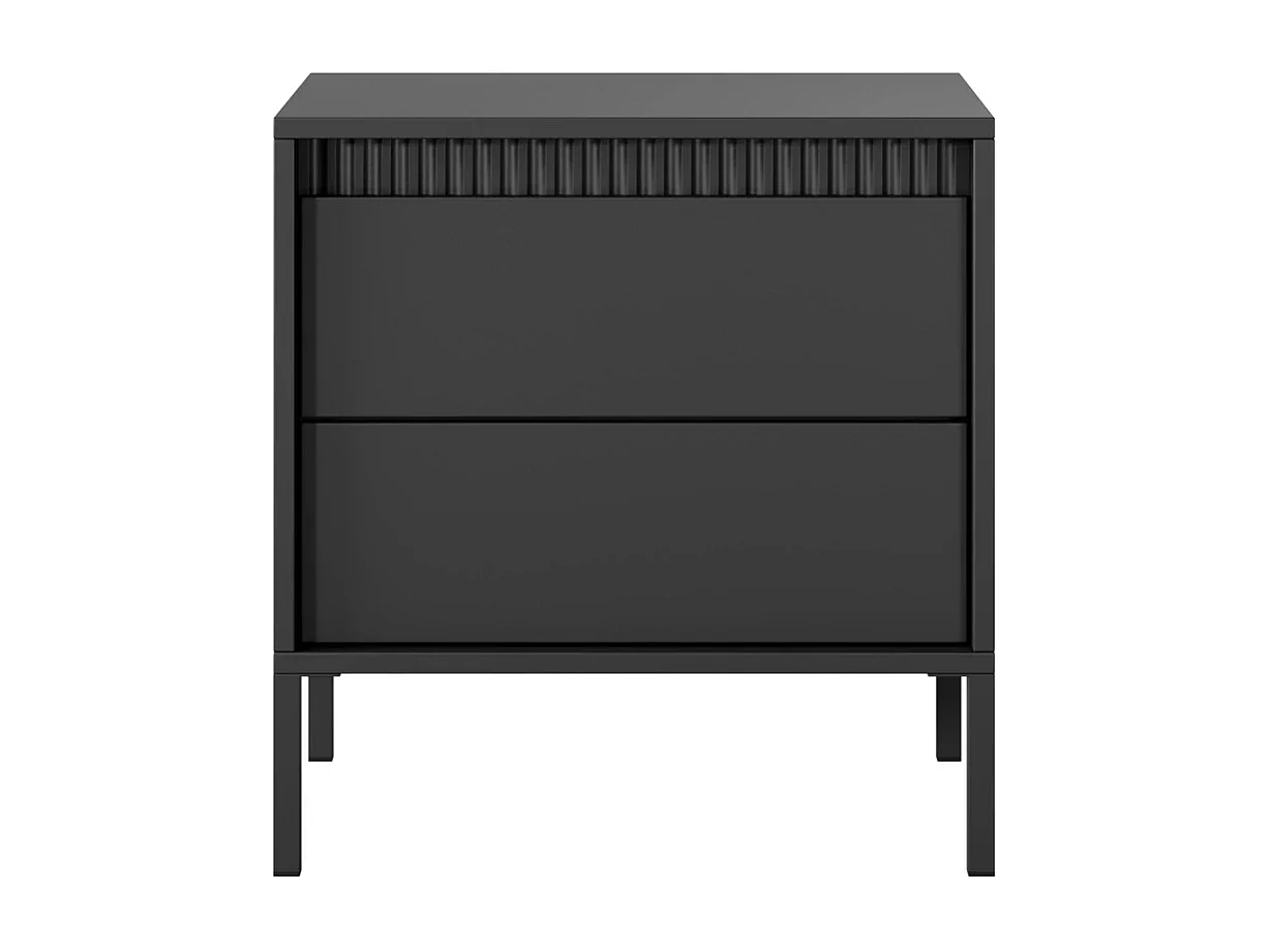 Table de Chevet Ferrato avec 2 Tiroirs, Listeau Cannelé et Pieds en Métal - Noir Mat - 54 cm