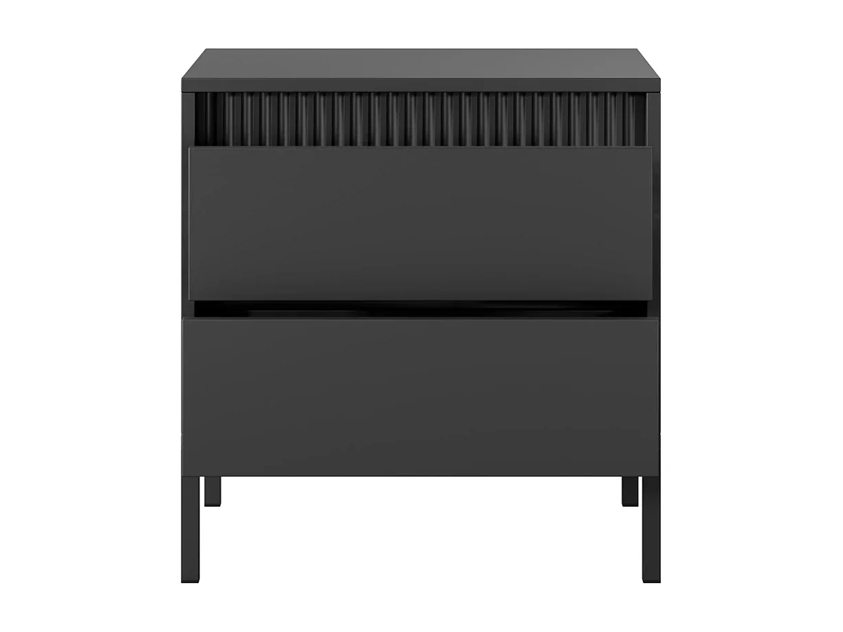Table de Chevet Ferrato avec 2 Tiroirs, Listeau Cannelé et Pieds en Métal - Noir Mat - 54 cm