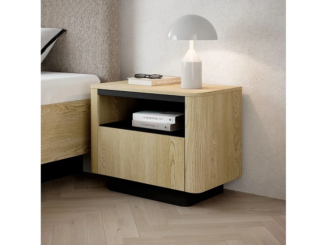 Nachtkastje TORRO 63 cm - Cremona Eiken en Zwart, 1 Lade en Open Vak, Afgerond Design