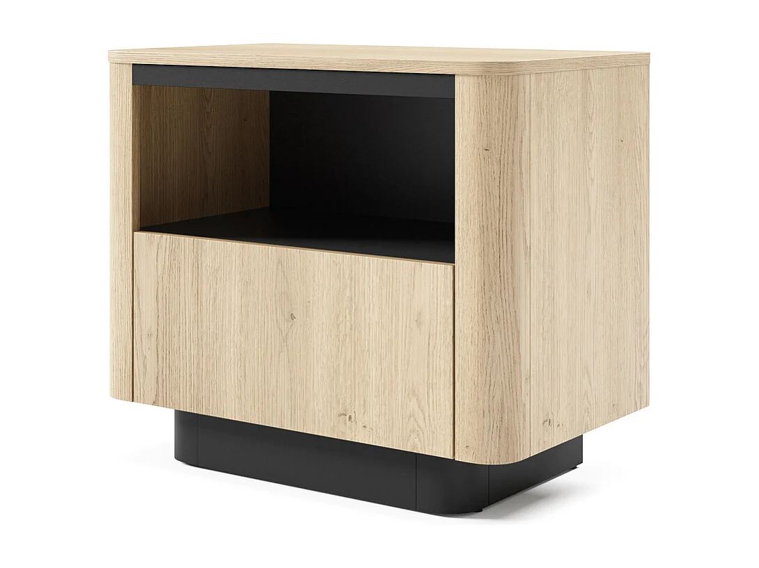 Nachtkastje TORRO 63 cm - Cremona Eiken en Zwart, 1 Lade en Open Vak, Afgerond Design