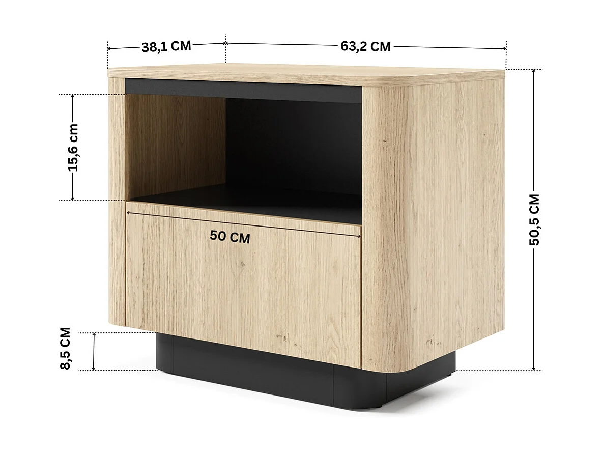 Nachtkastje TORRO 63 cm - Cremona Eiken en Zwart, 1 Lade en Open Vak, Afgerond Design