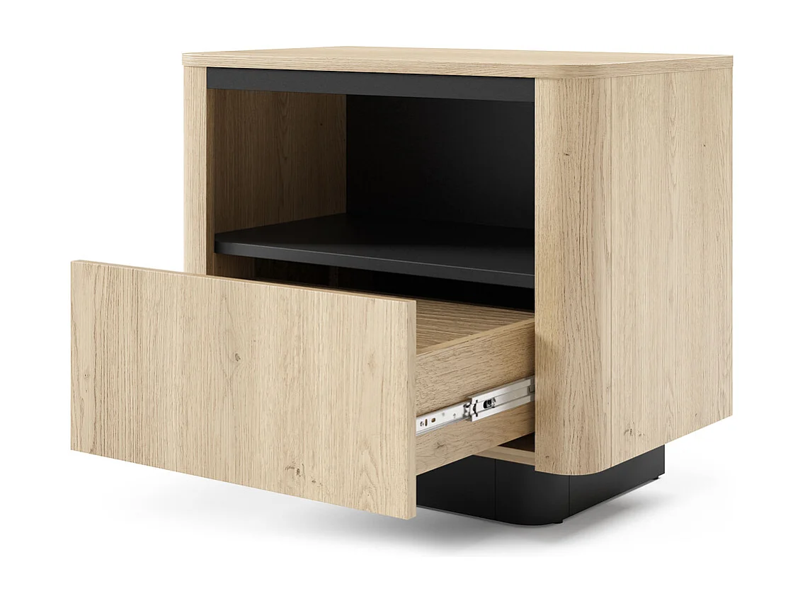 Nachtkastje TORRO 63 cm - Cremona Eiken en Zwart, 1 Lade en Open Vak, Afgerond Design