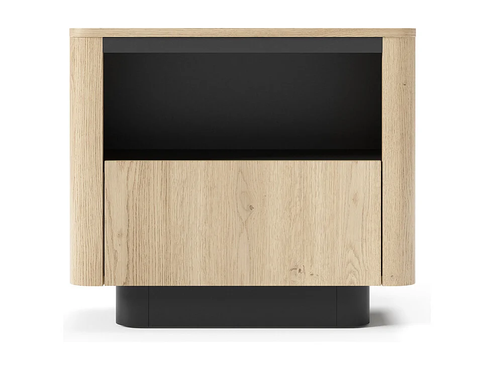 Nachtkastje TORRO 63 cm - Cremona Eiken en Zwart, 1 Lade en Open Vak, Afgerond Design