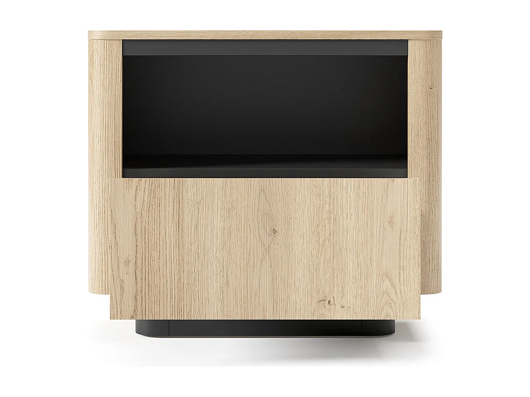 Nachtkastje TORRO 63 cm - Cremona Eiken en Zwart, 1 Lade en Open Vak, Afgerond Design