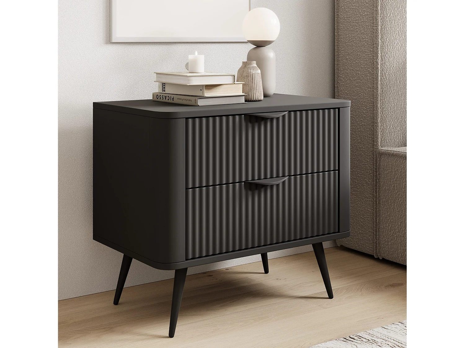 Table de Chevet Flore avec 2 Tiroirs, Façades Cannelées et Pieds Noirs - Noir