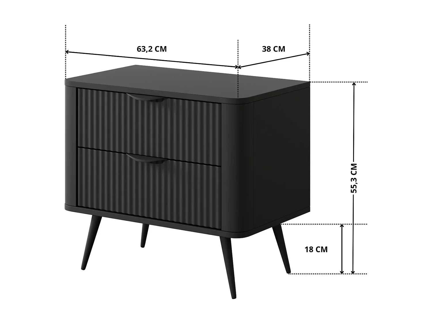 Table de Chevet Flore avec 2 Tiroirs, Façades Cannelées et Pieds Noirs - Noir