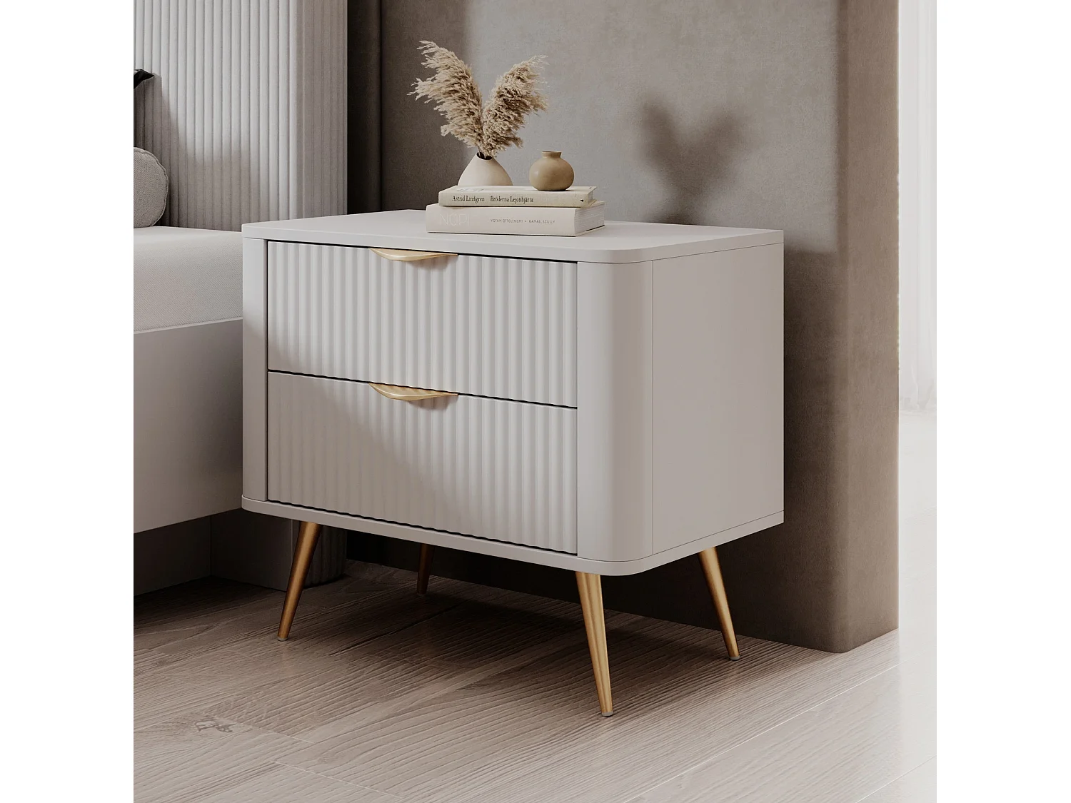 Table de Chevet Flore avec 2 Tiroirs, Façades Cannelées et Pieds en Métal Doré - Blanc et Or