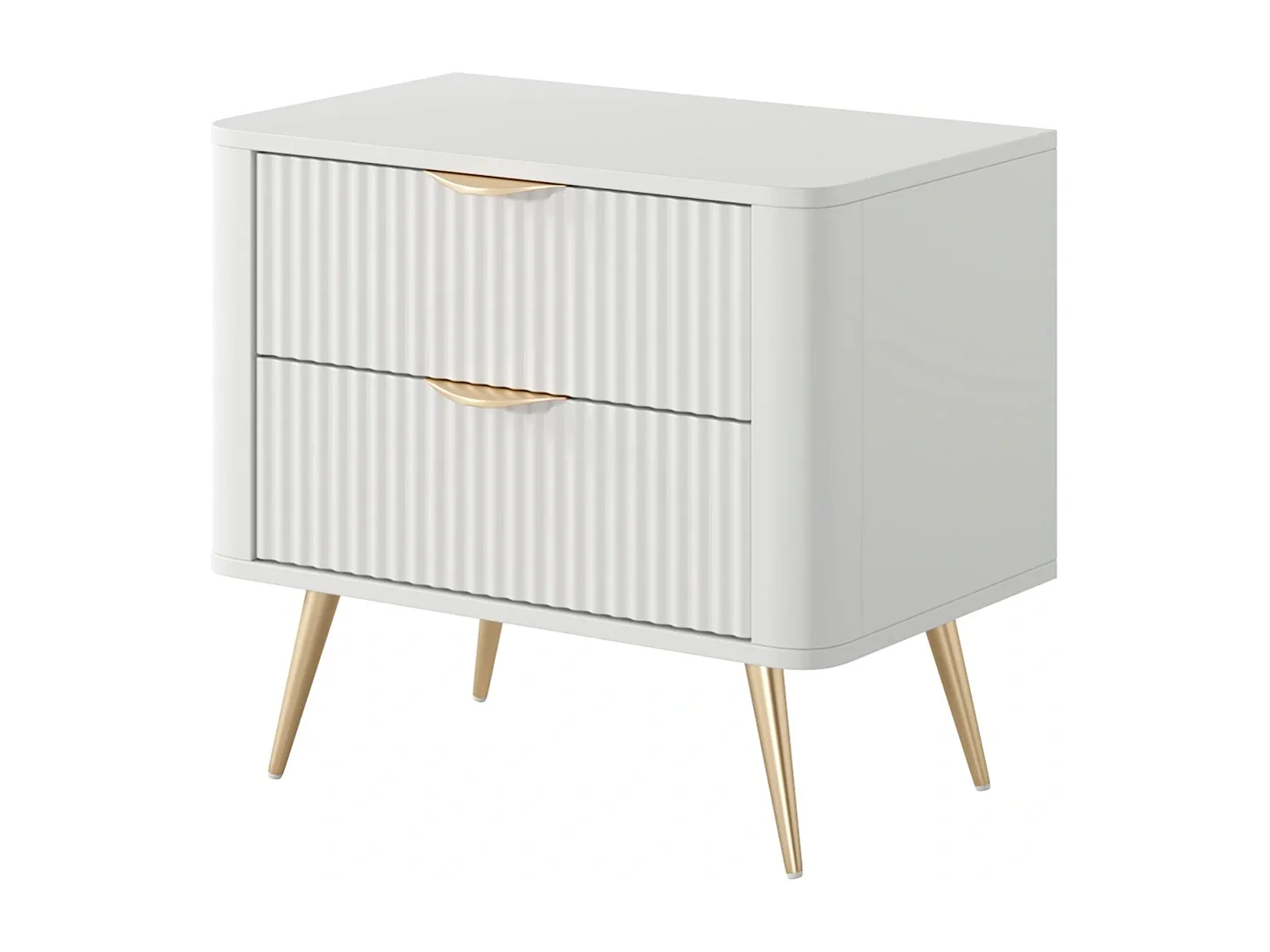 Table de Chevet Flore avec 2 Tiroirs, Façades Cannelées et Pieds en Métal Doré - Blanc et Or