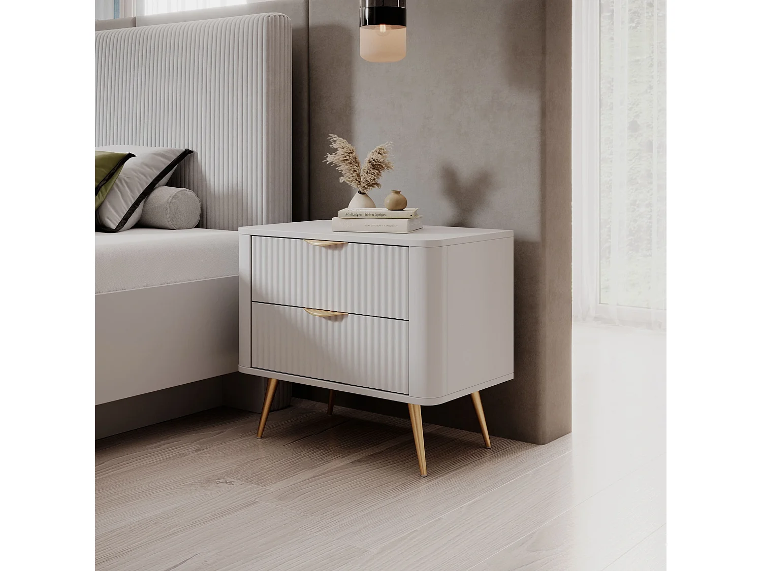 Table de Chevet Flore avec 2 Tiroirs, Façades Cannelées et Pieds en Métal Doré - Blanc et Or