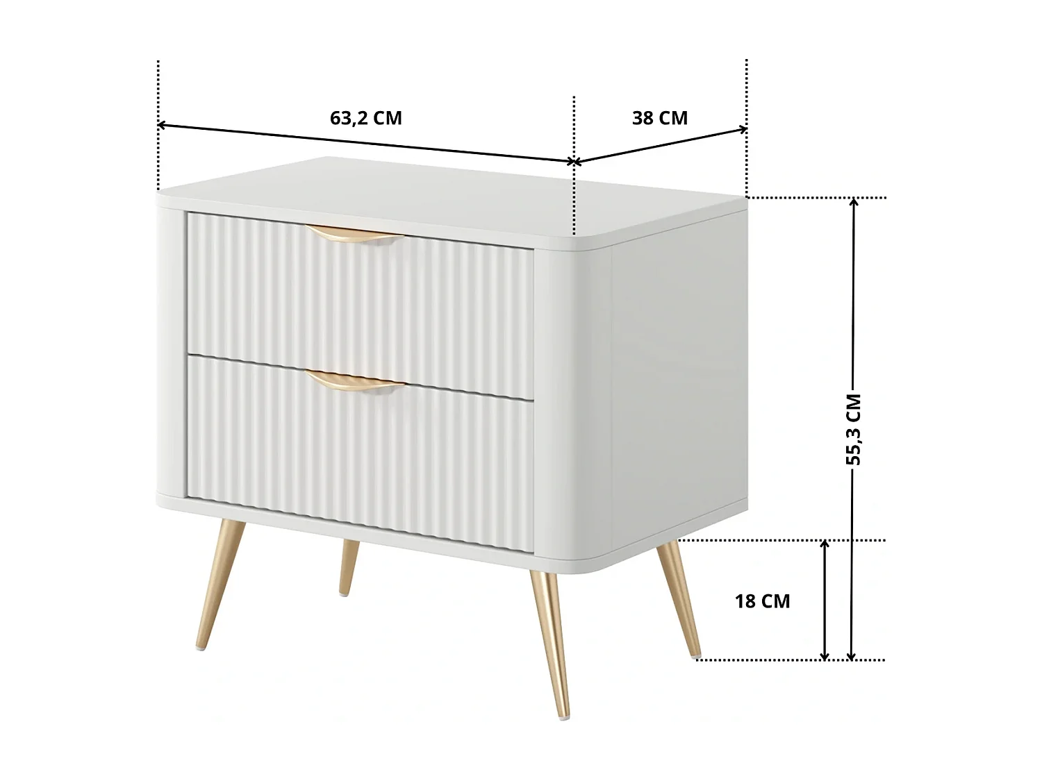 Table de Chevet Flore avec 2 Tiroirs, Façades Cannelées et Pieds en Métal Doré - Blanc et Or