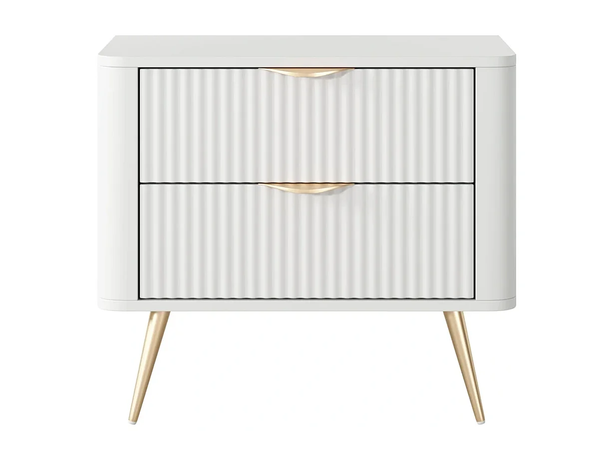 Table de Chevet Flore avec 2 Tiroirs, Façades Cannelées et Pieds en Métal Doré - Blanc et Or