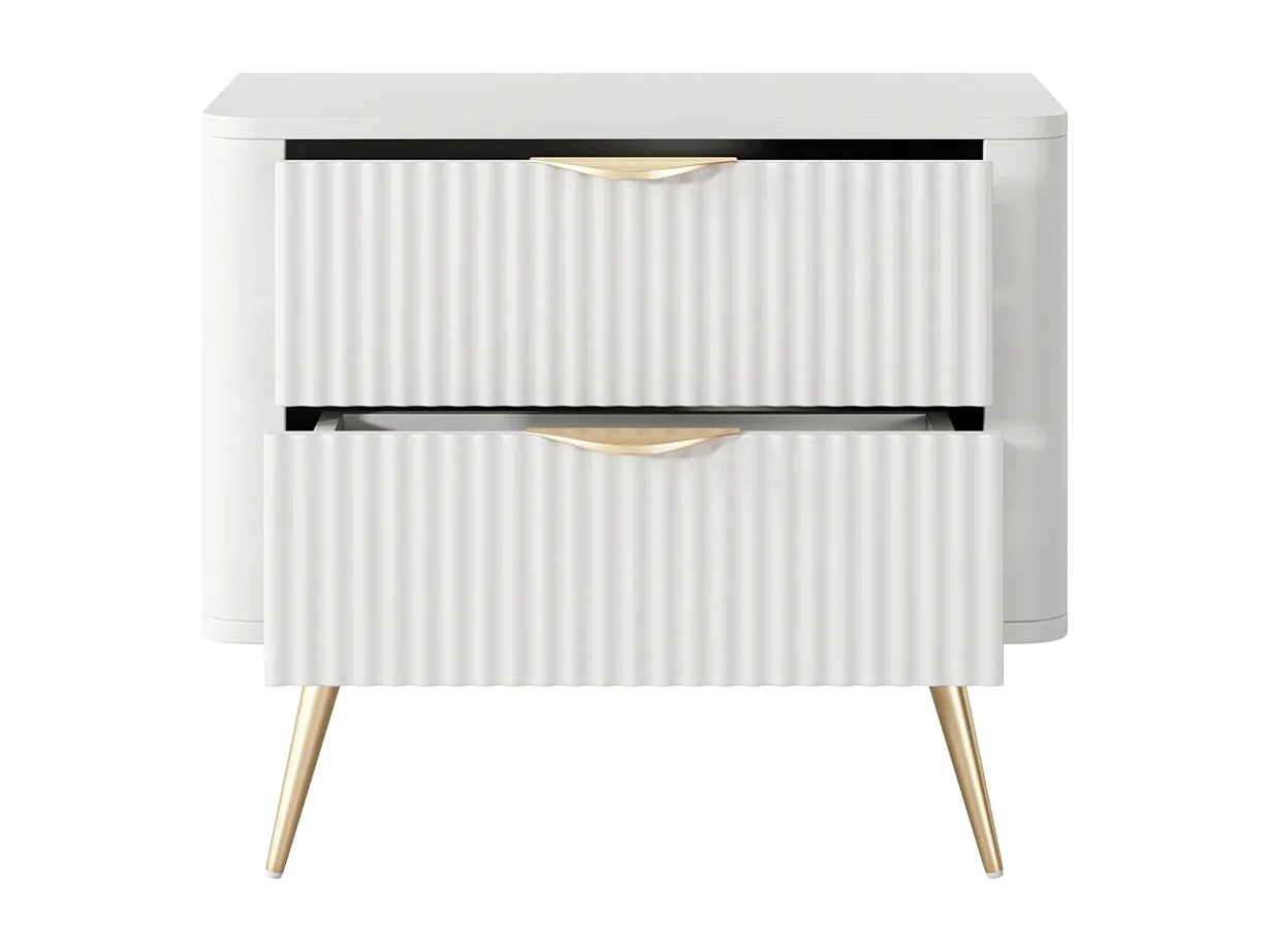 Table de Chevet Flore avec 2 Tiroirs, Façades Cannelées et Pieds en Métal Doré - Blanc et Or