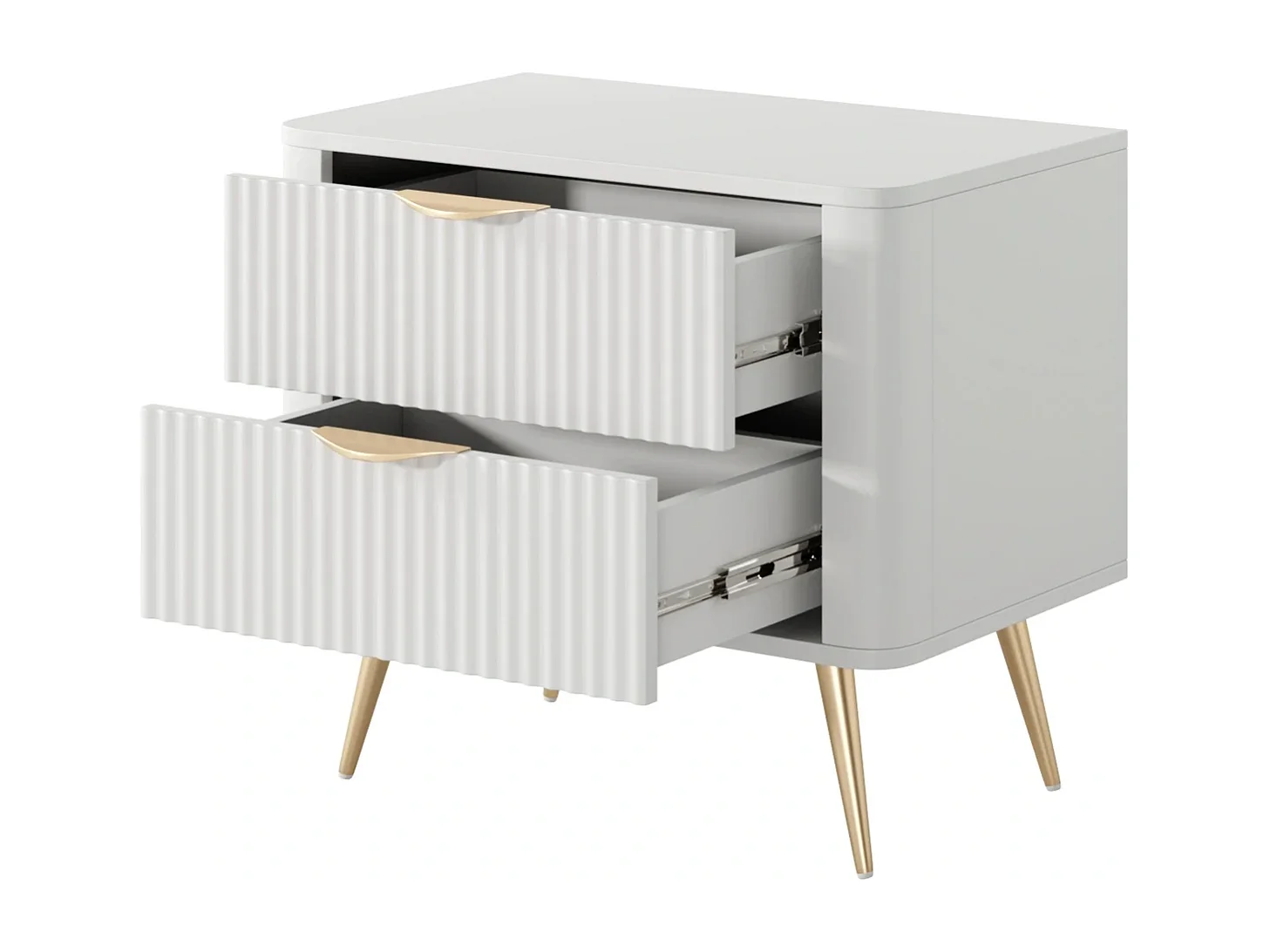 Table de Chevet Flore avec 2 Tiroirs, Façades Cannelées et Pieds en Métal Doré - Blanc et Or