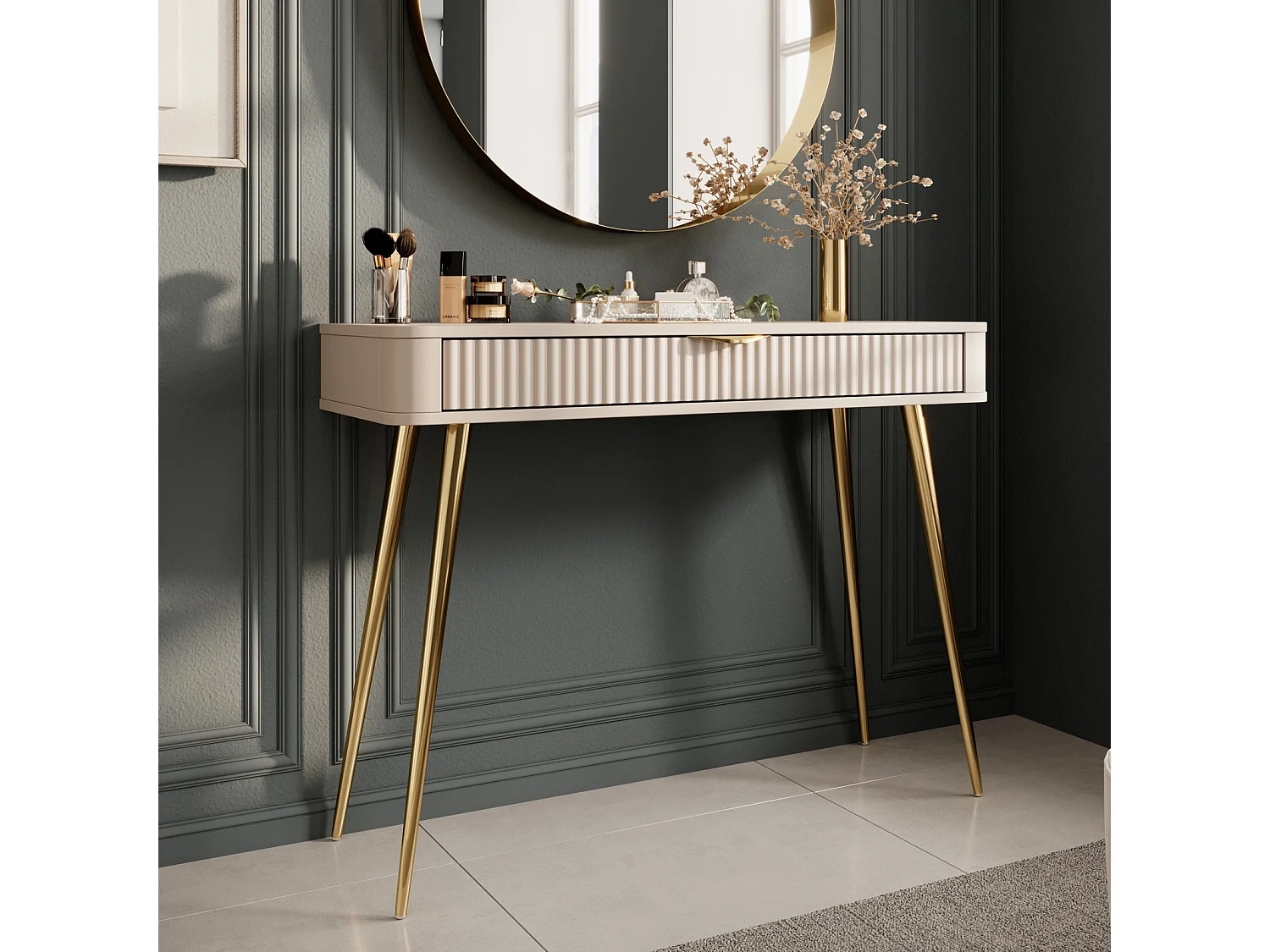 Kaptafel Console Flore met Lade en Gouden Metalen Poten - Beige en Goud