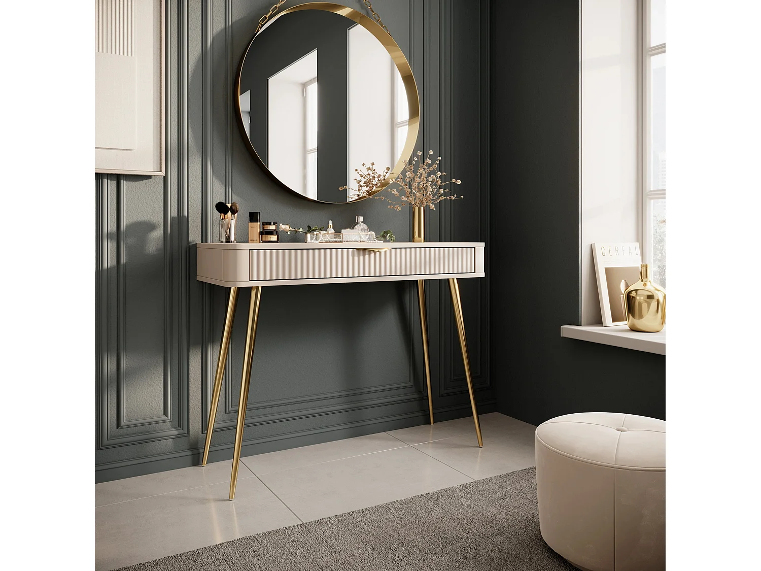 Kaptafel Console Flore met Lade en Gouden Metalen Poten - Beige en Goud