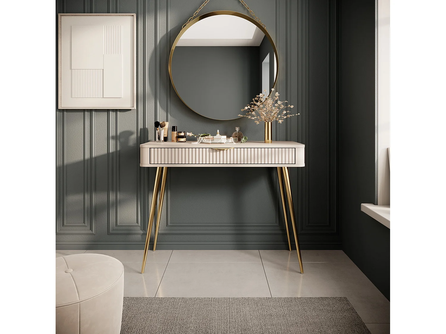 Kaptafel Console Flore met Lade en Gouden Metalen Poten - Beige en Goud