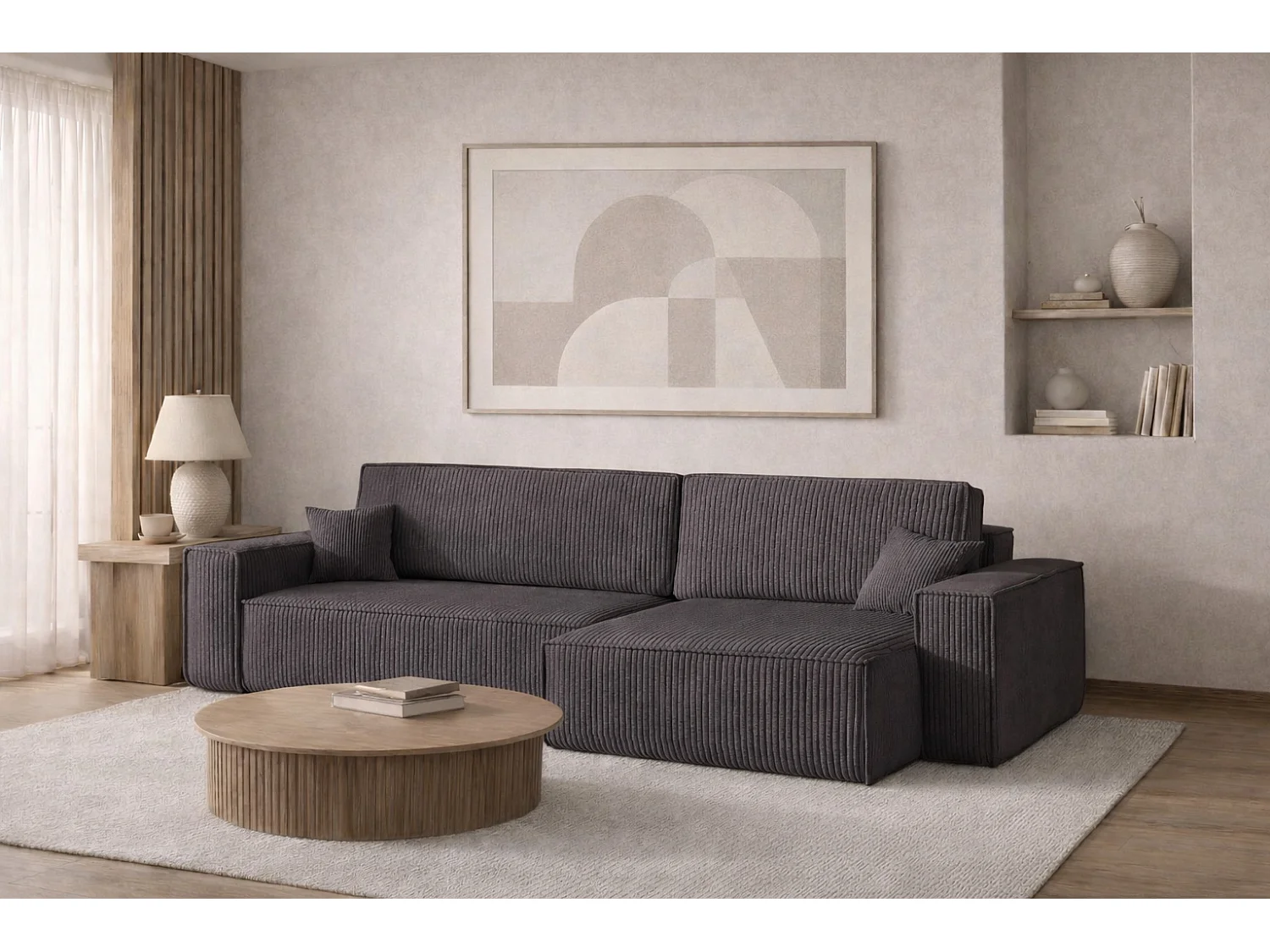 Canapé d’angle en L avec fonction couchage et coffre de rangement, tissu Poso velours côtelé épais, Gris foncé, Droite, BEST XL