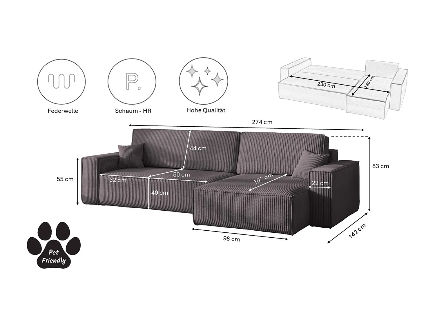 Canapé d’angle en L avec fonction couchage et coffre de rangement, tissu Poso velours côtelé épais, Gris foncé, Droite, BEST XL