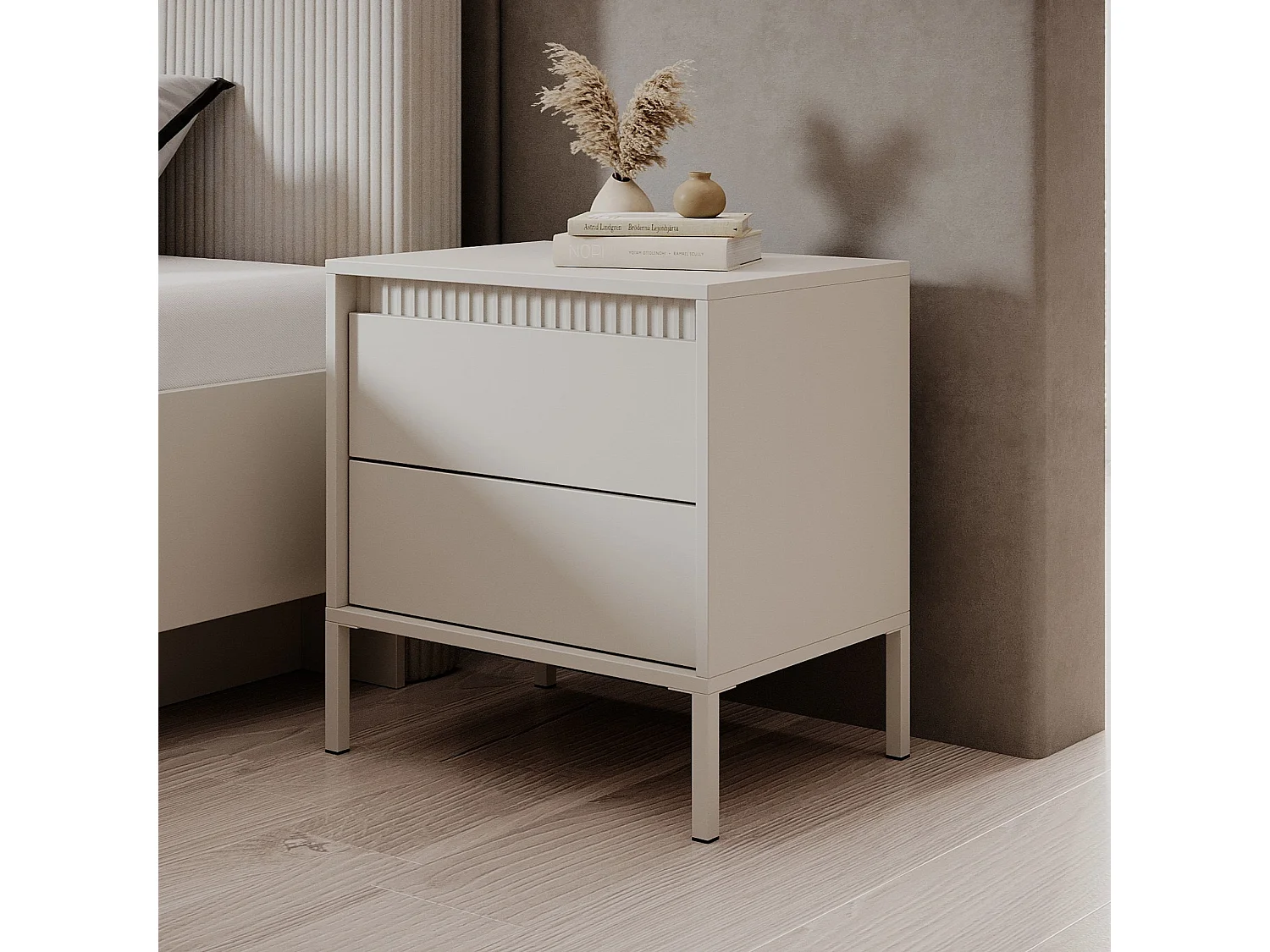 Table de Chevet Ferrato avec 2 Tiroirs, Détails Cannelés et Pieds en Métal - Noir Mat - 54 cm