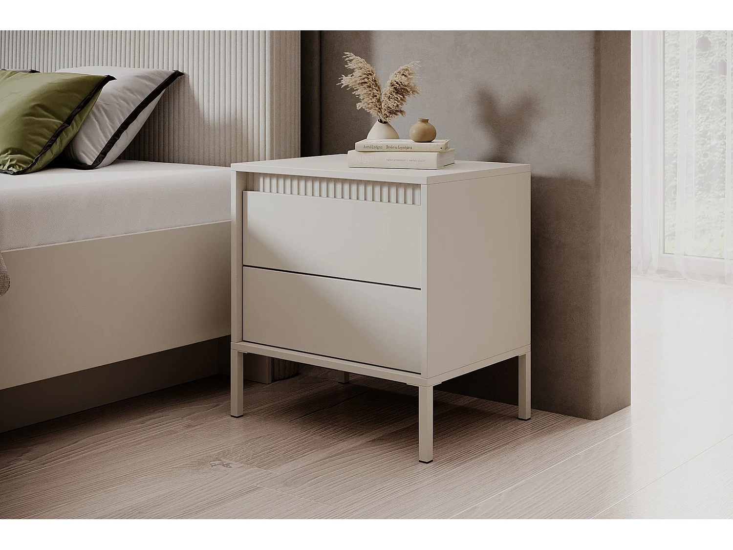 Table de Chevet Ferrato avec 2 Tiroirs, Détails Cannelés et Pieds en Métal - Noir Mat - 54 cm