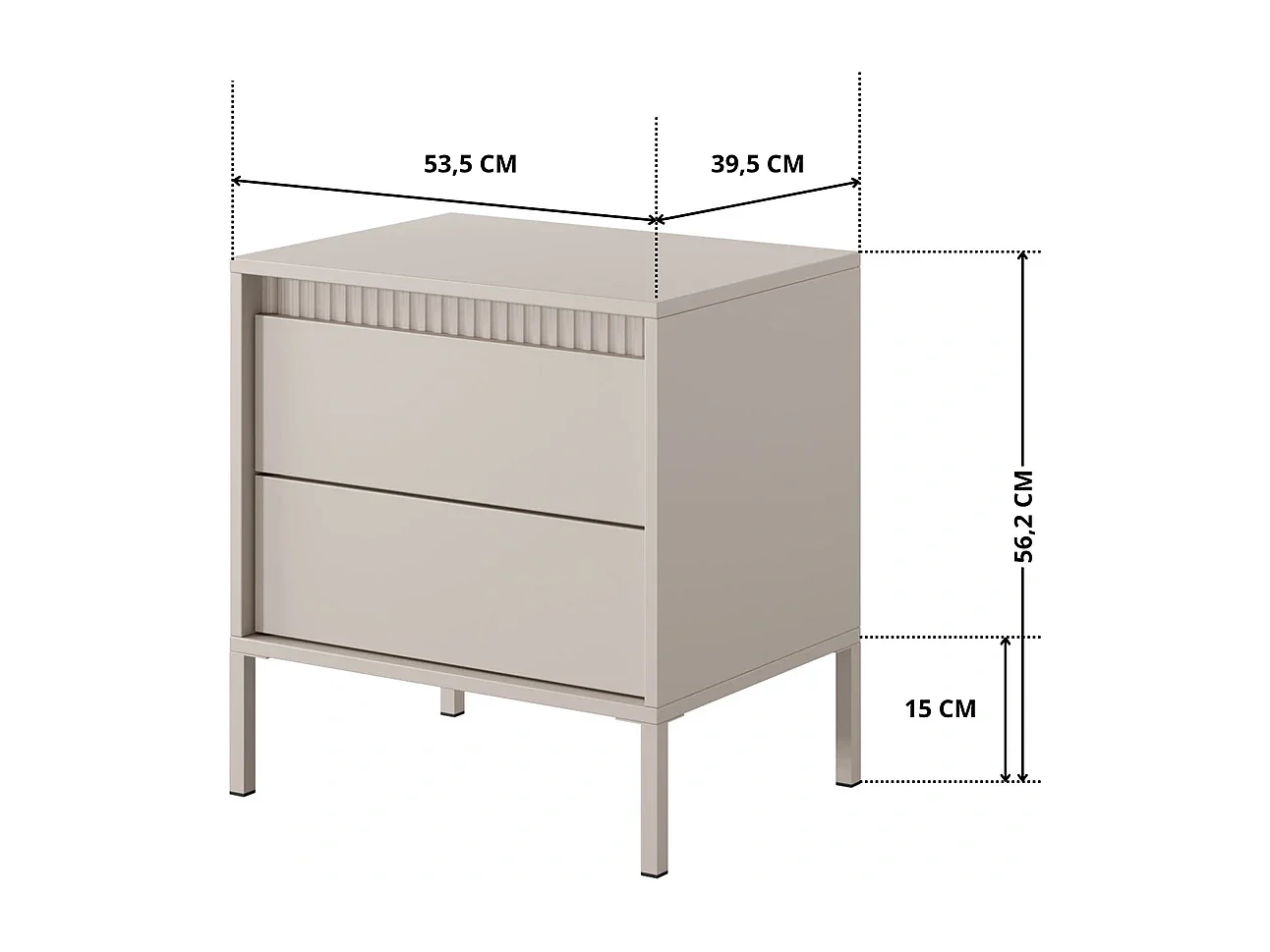 Table de Chevet Ferrato avec 2 Tiroirs, Détails Cannelés et Pieds en Métal - Noir Mat - 54 cm