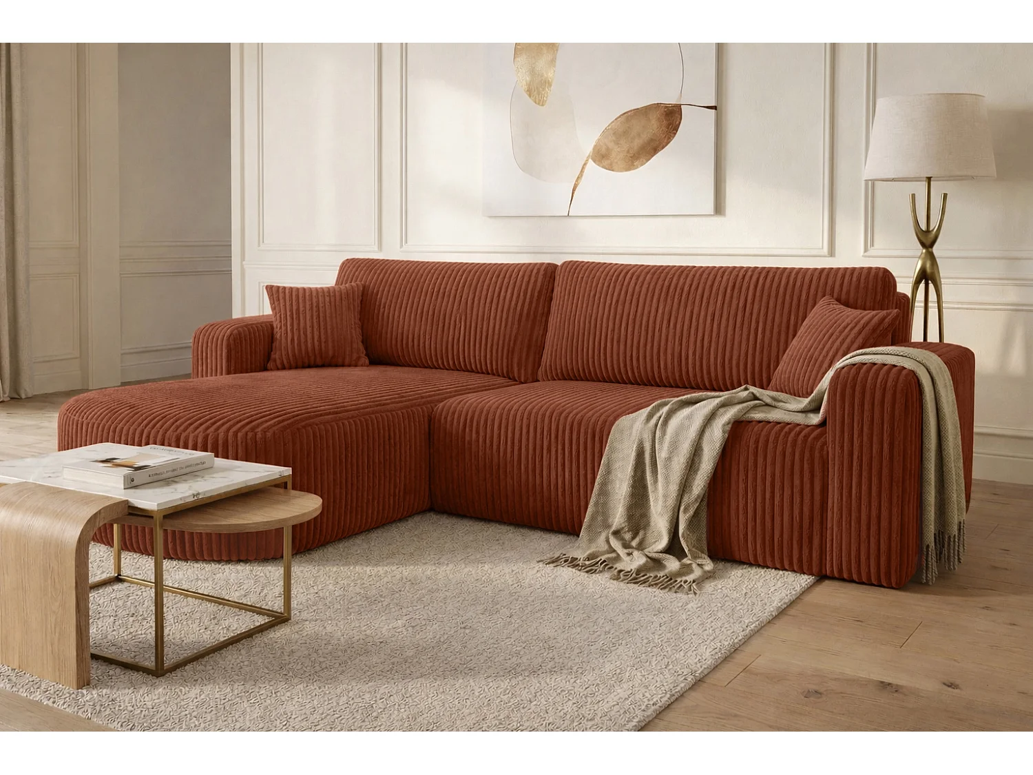 Hoekbank met slaapfunctie, koordstof Tilia, Koper, Links, ROUND ONE XL