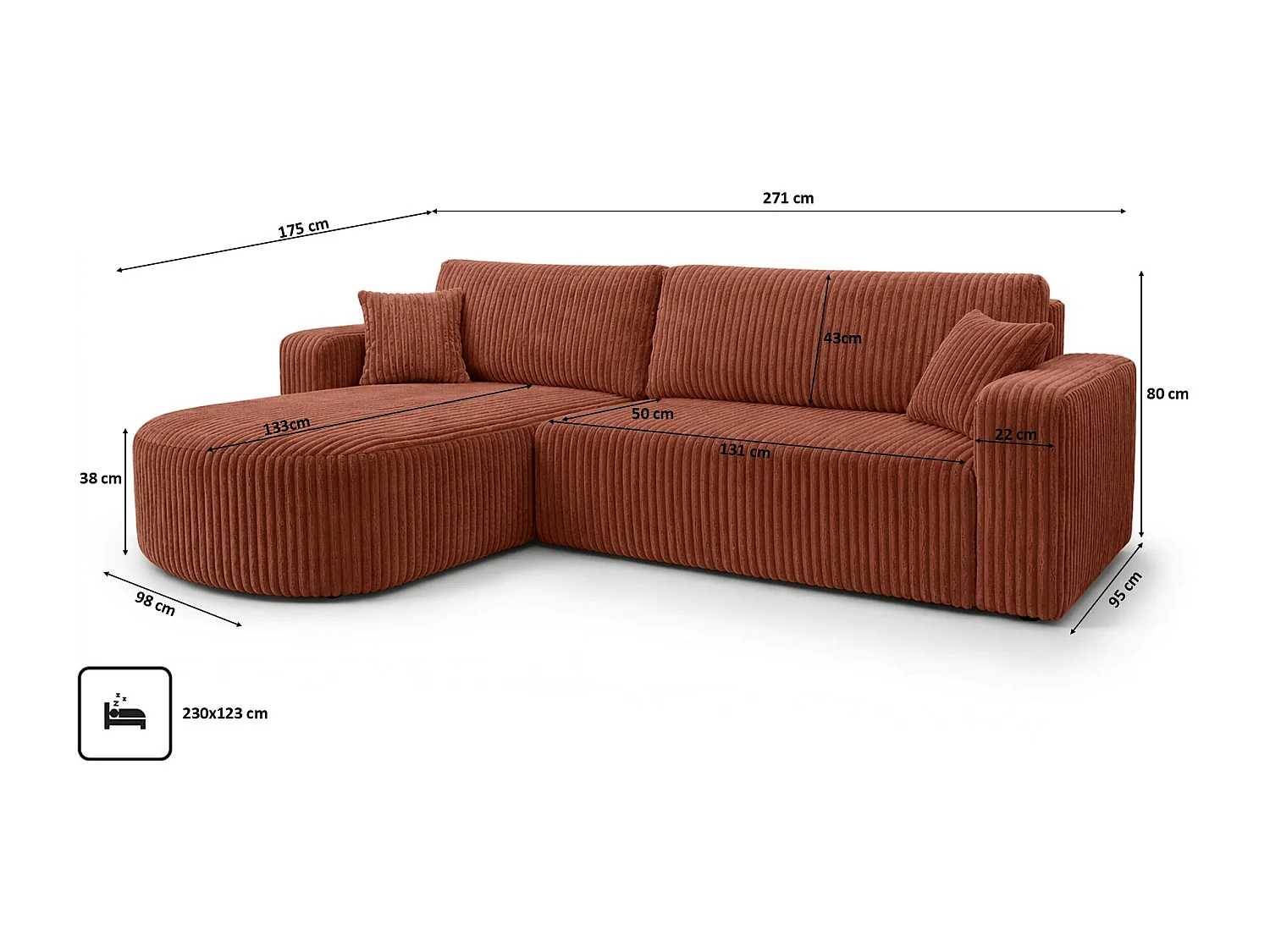 Hoekbank met slaapfunctie, koordstof Tilia, Koper, Links, ROUND ONE XL