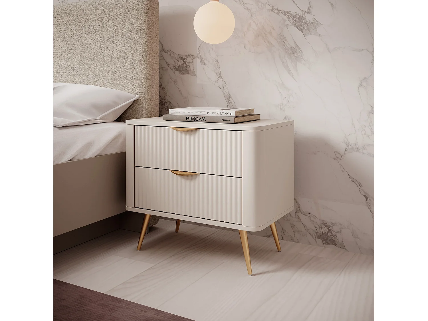 Table de Chevet Flore avec 2 Tiroirs, Façades Cannelées et Pieds en Métal Doré - Beige et Or