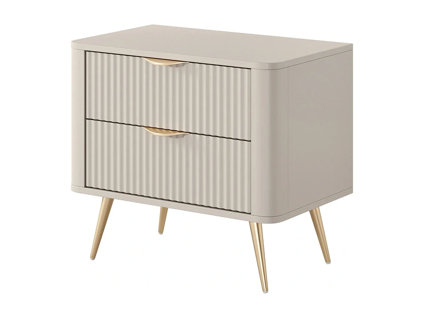Table de Chevet Flore avec 2 Tiroirs, Façades Cannelées et Pieds en Métal Doré - Beige et Or