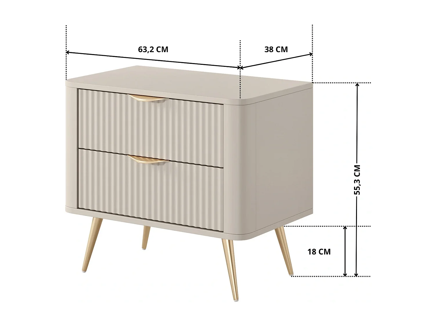Table de Chevet Flore avec 2 Tiroirs, Façades Cannelées et Pieds en Métal Doré - Beige et Or