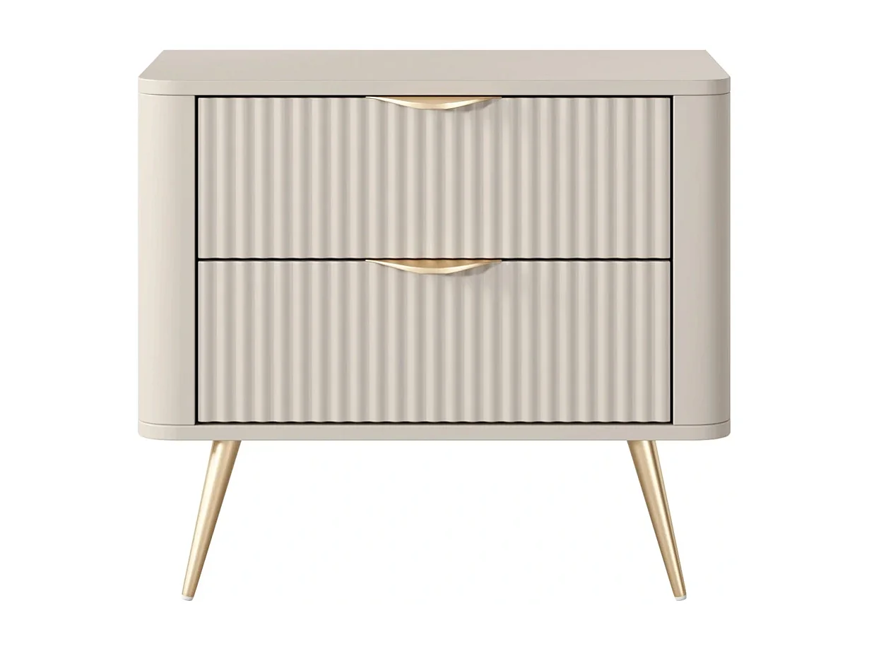 Table de Chevet Flore avec 2 Tiroirs, Façades Cannelées et Pieds en Métal Doré - Beige et Or