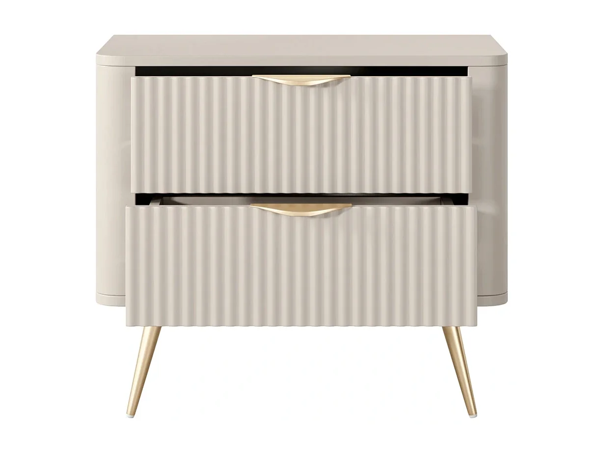 Table de Chevet Flore avec 2 Tiroirs, Façades Cannelées et Pieds en Métal Doré - Beige et Or