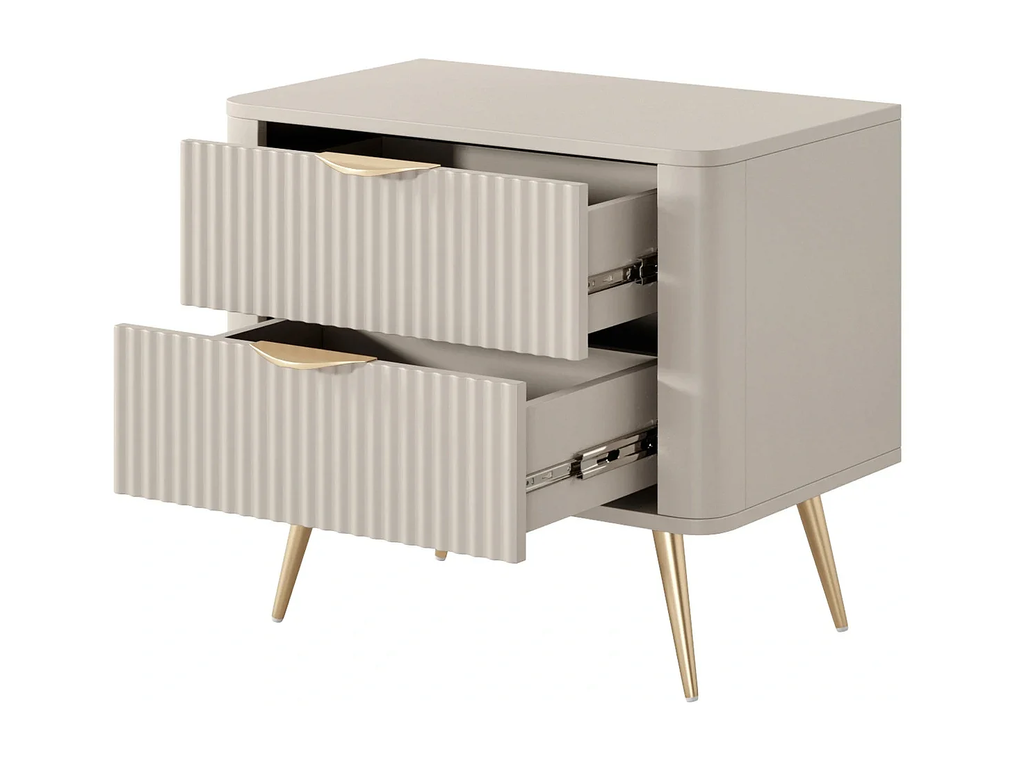 Table de Chevet Flore avec 2 Tiroirs, Façades Cannelées et Pieds en Métal Doré - Beige et Or