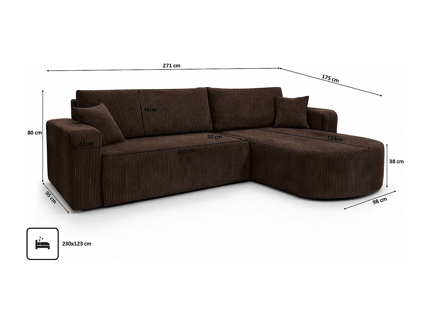 Hoekbank met slaapfunctie, koordstof Poso, Bruin, Rechts, ROUND ONE XL