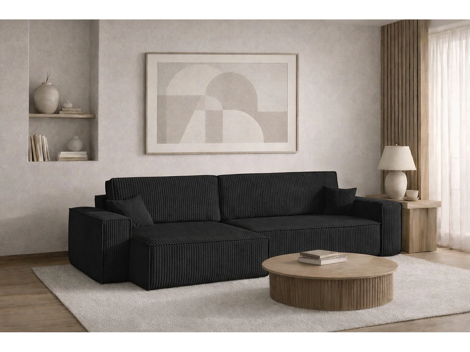 Canapé d’angle en L avec fonction couchage et coffre de rangement, tissu Poso velours côtelé épais, Noir, Gauche, BEST XL