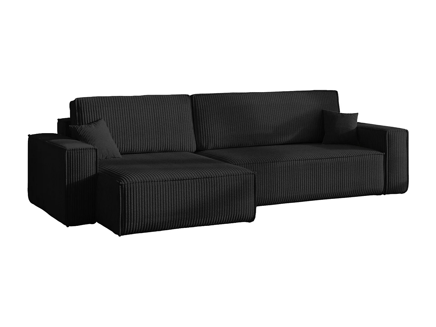Canapé d’angle en L avec fonction couchage et coffre de rangement, tissu Poso velours côtelé épais, Noir, Gauche, BEST XL