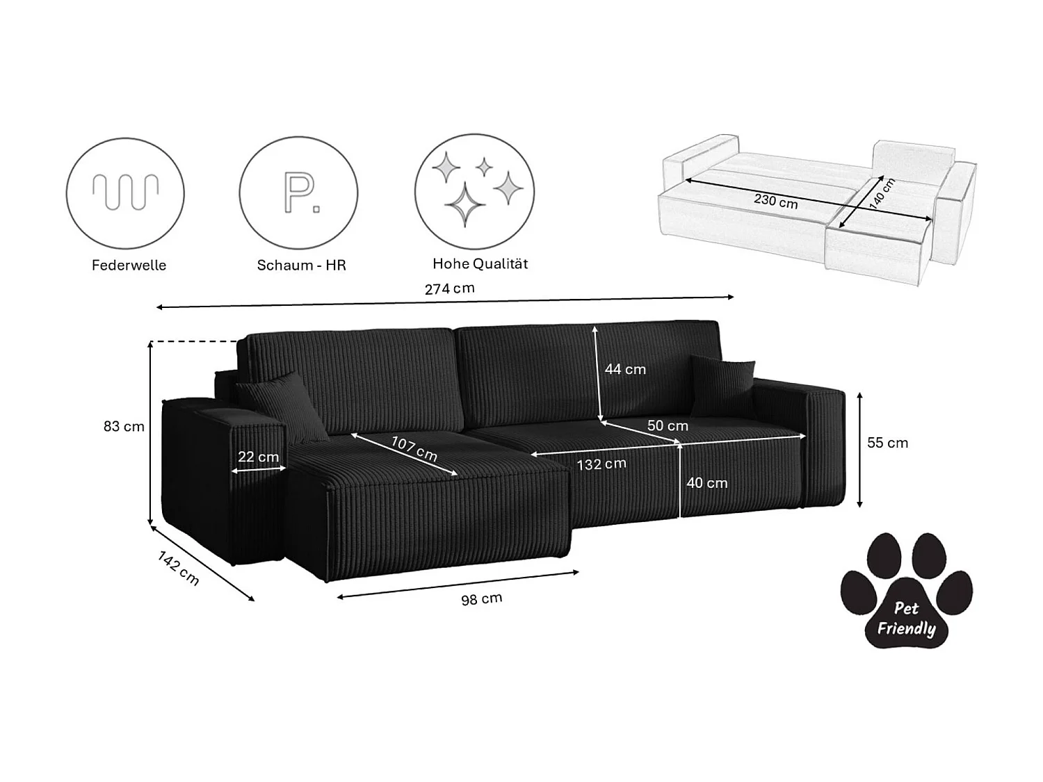Canapé d’angle en L avec fonction couchage et coffre de rangement, tissu Poso velours côtelé épais, Noir, Gauche, BEST XL