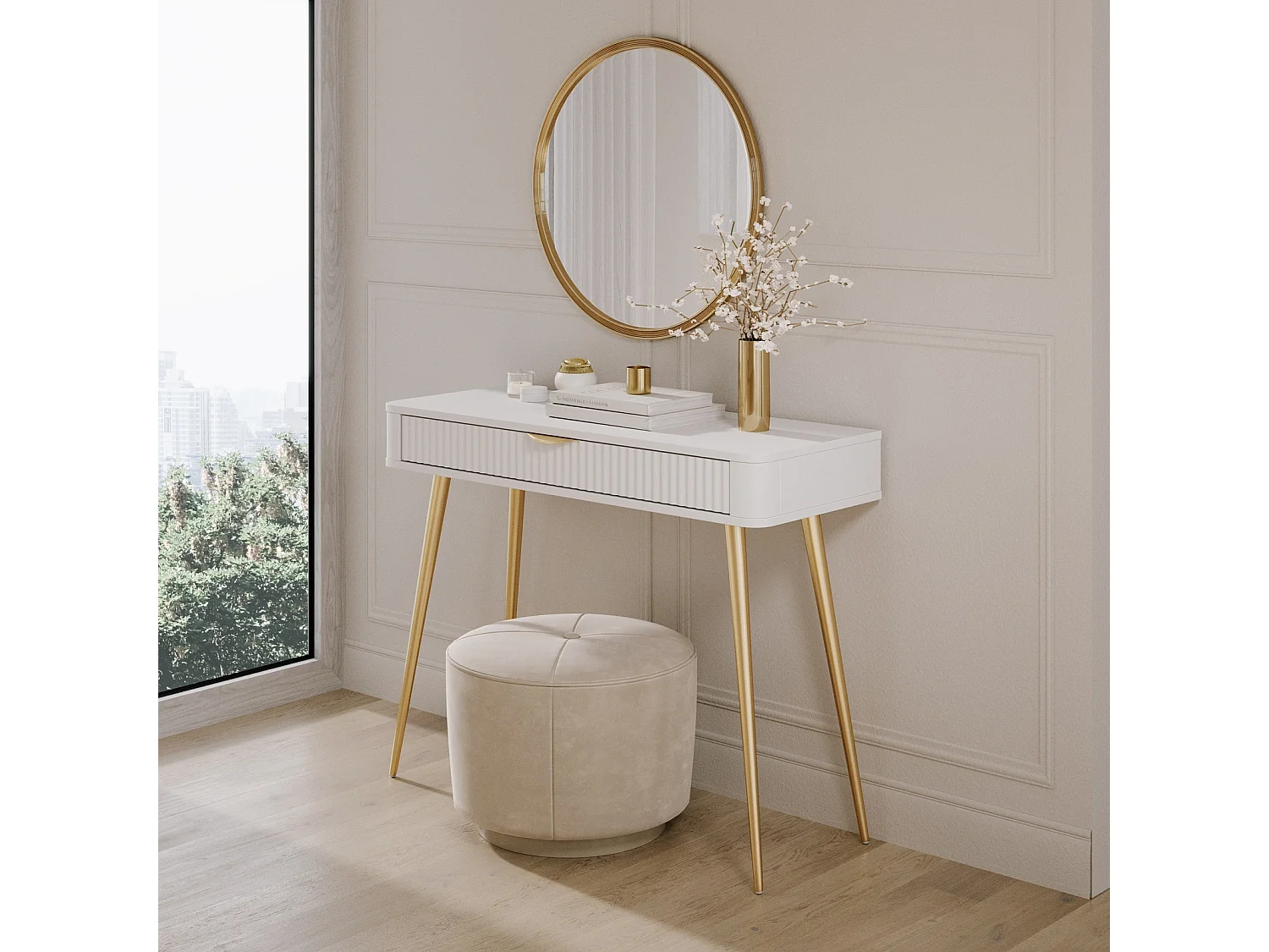 Kaptafel Console Flore met Geroffelde Lade en Gouden Metalen Poten - Wit en Goud