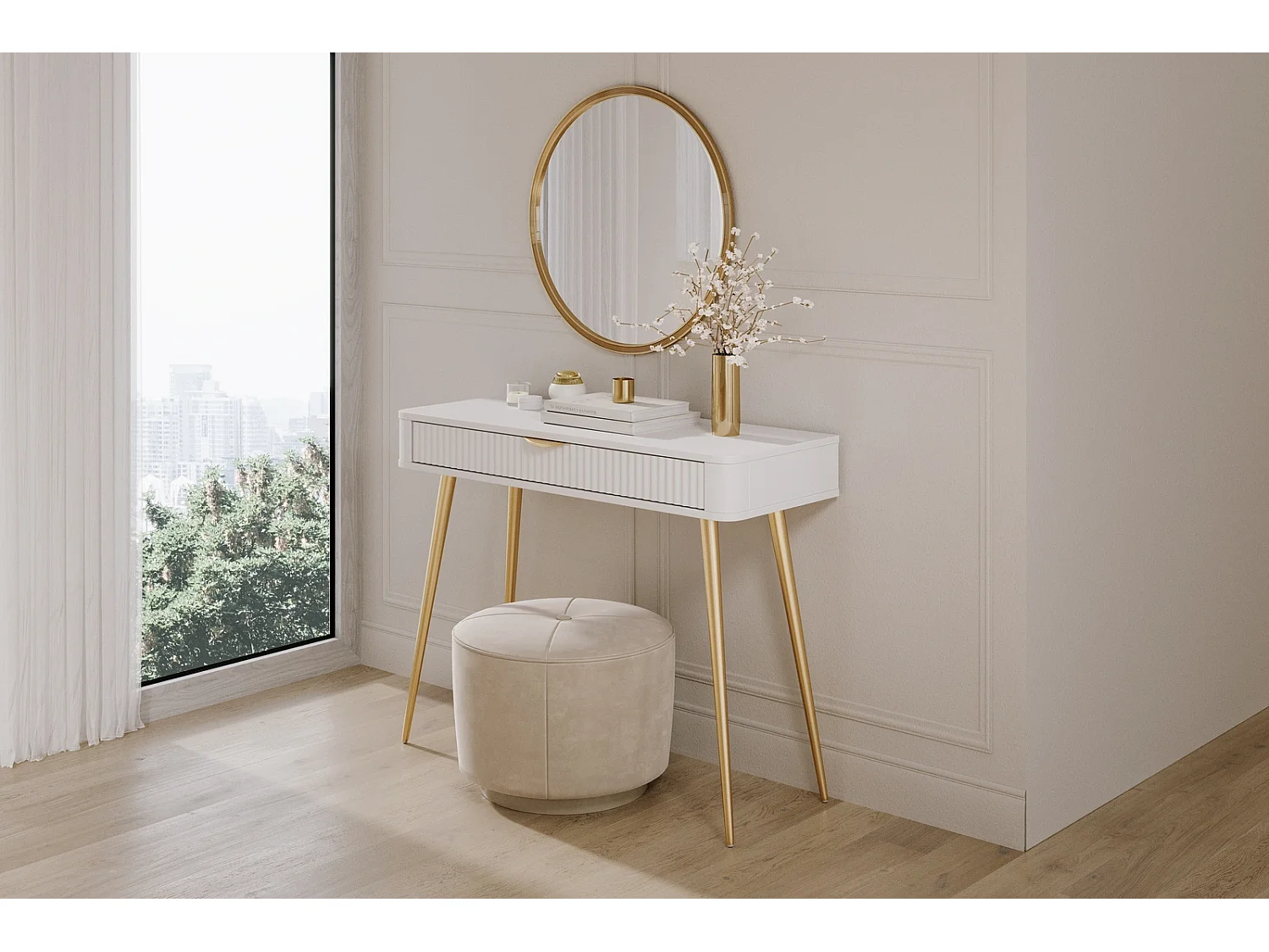 Kaptafel Console Flore met Geroffelde Lade en Gouden Metalen Poten - Wit en Goud