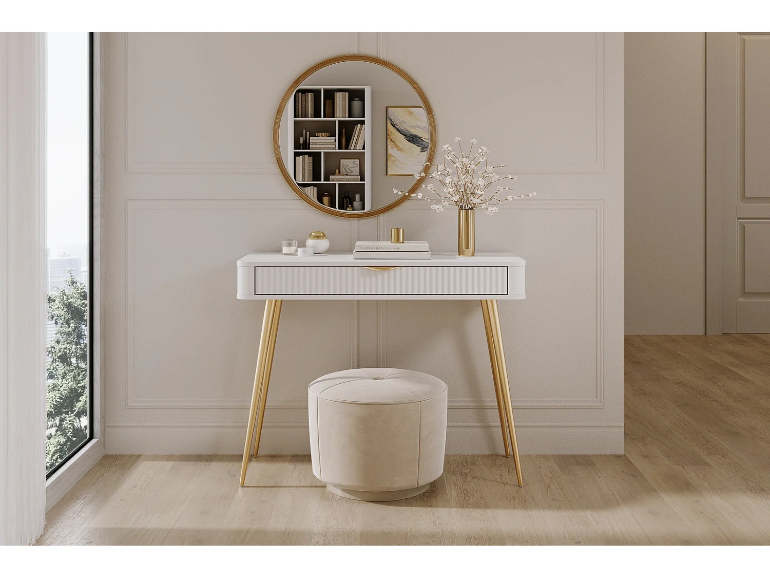 Kaptafel Console Flore met Geroffelde Lade en Gouden Metalen Poten - Wit en Goud