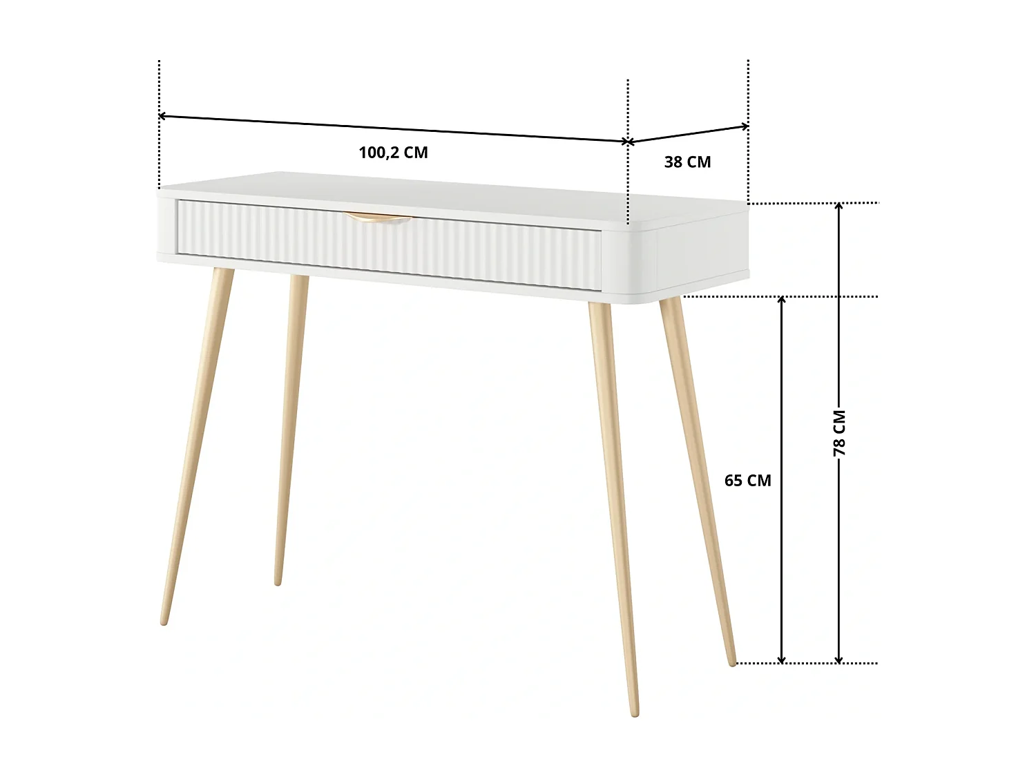 Kaptafel Console Flore met Geroffelde Lade en Gouden Metalen Poten - Wit en Goud