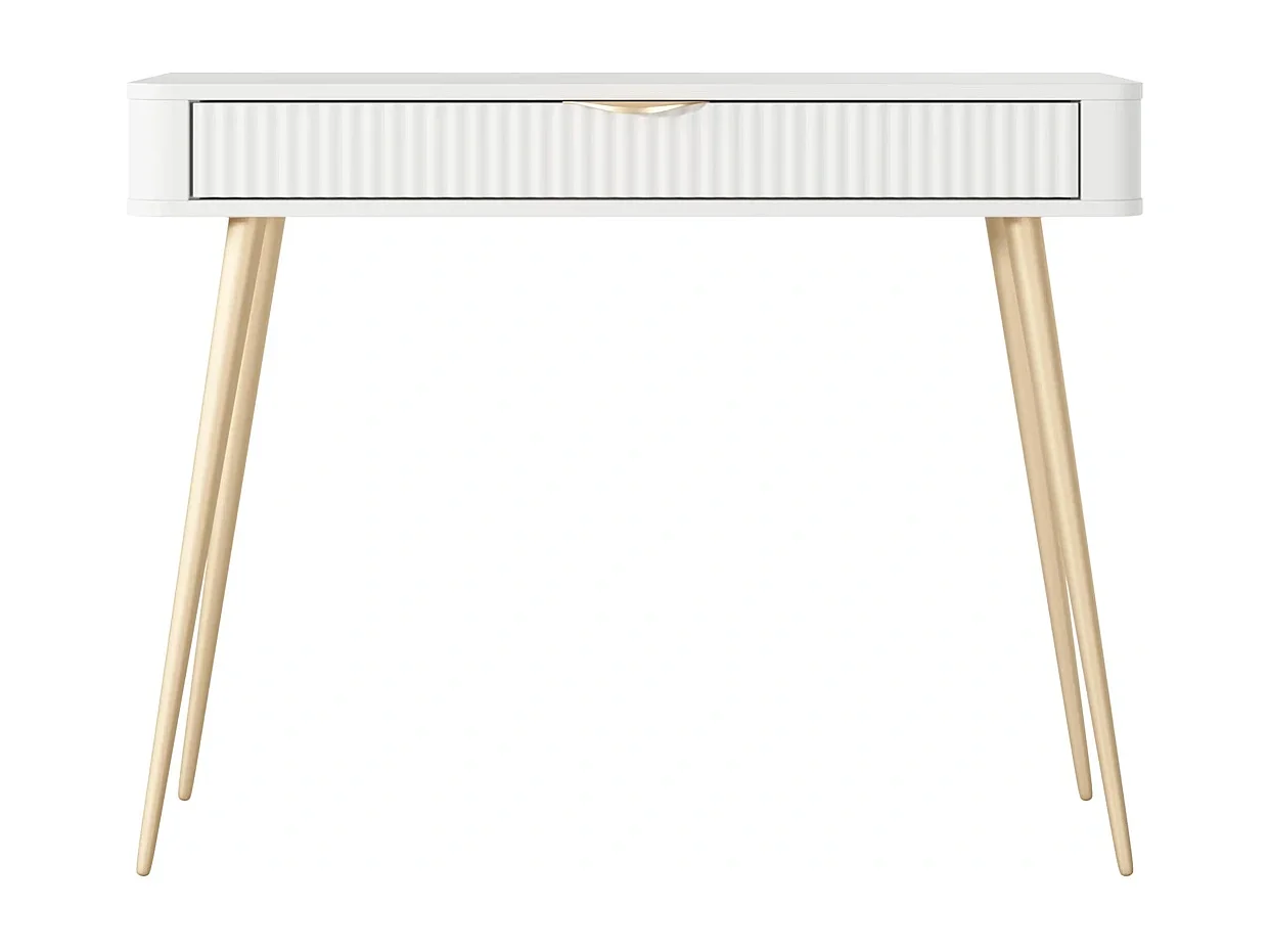 Kaptafel Console Flore met Geroffelde Lade en Gouden Metalen Poten - Wit en Goud