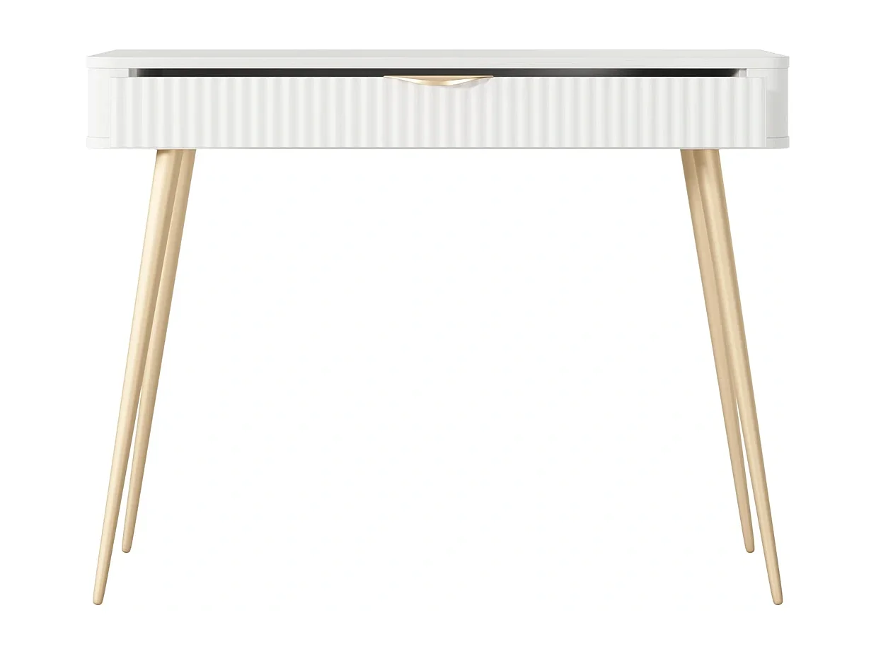Kaptafel Console Flore met Geroffelde Lade en Gouden Metalen Poten - Wit en Goud