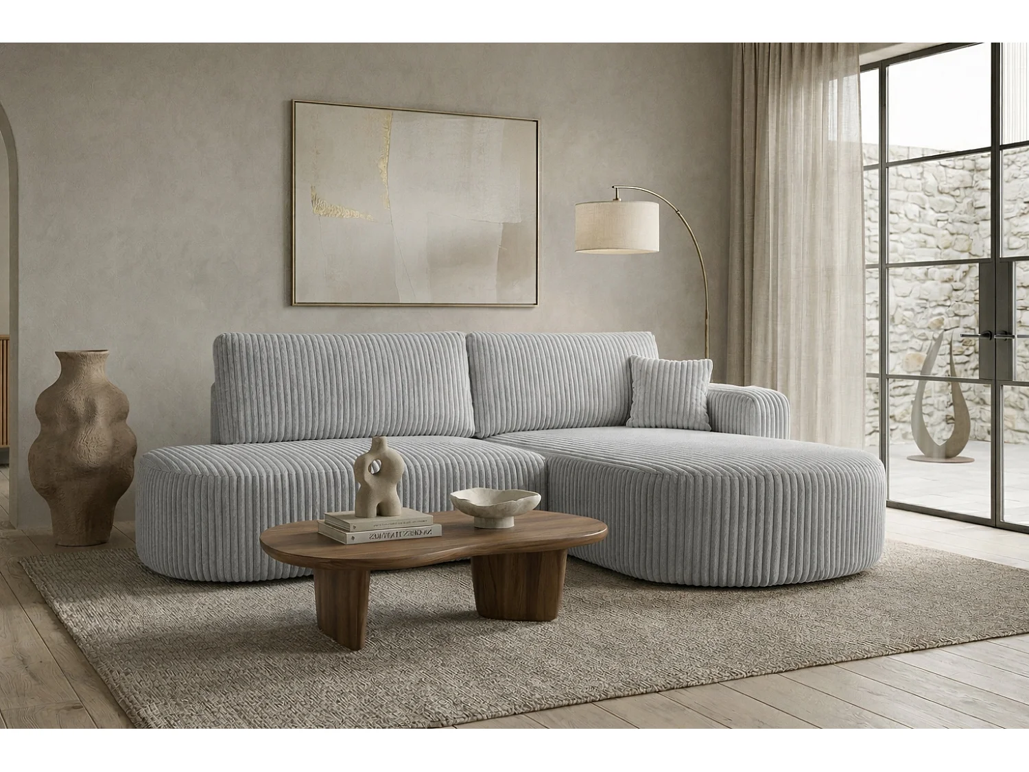 Canapé d’angle convertible avec coffre de rangement, tissu côtelé Tilia, Gris, Droite, ROUND ONE OPEN XL
