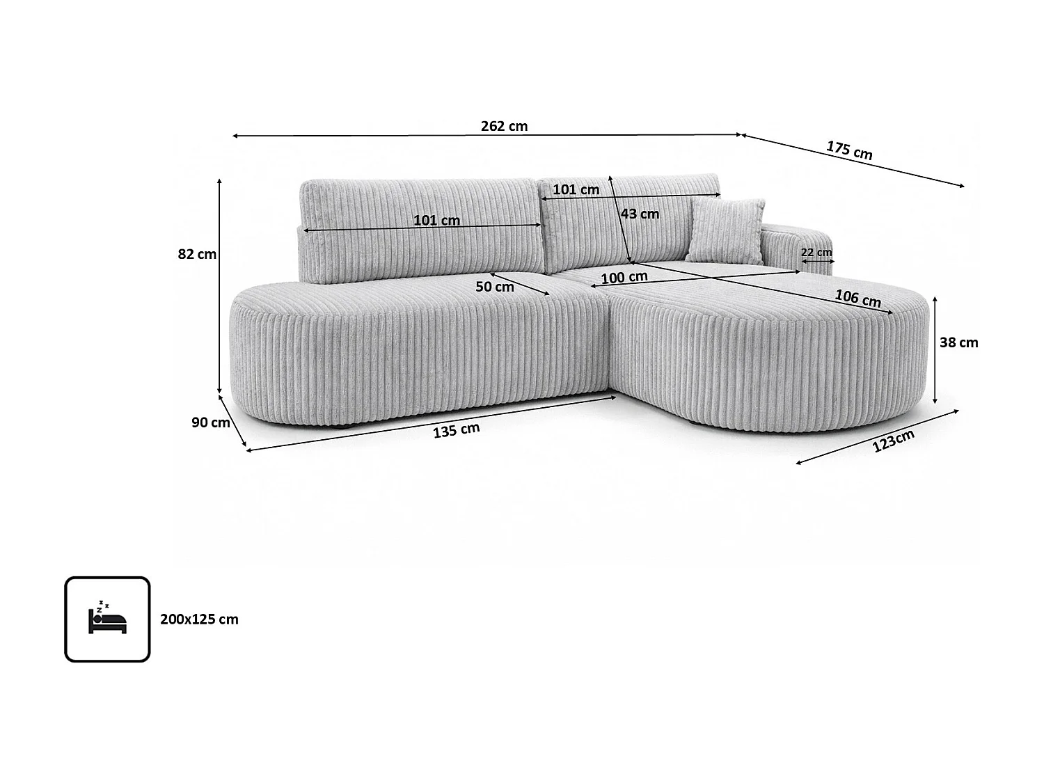 Canapé d’angle convertible avec coffre de rangement, tissu côtelé Tilia, Gris, Droite, ROUND ONE OPEN XL