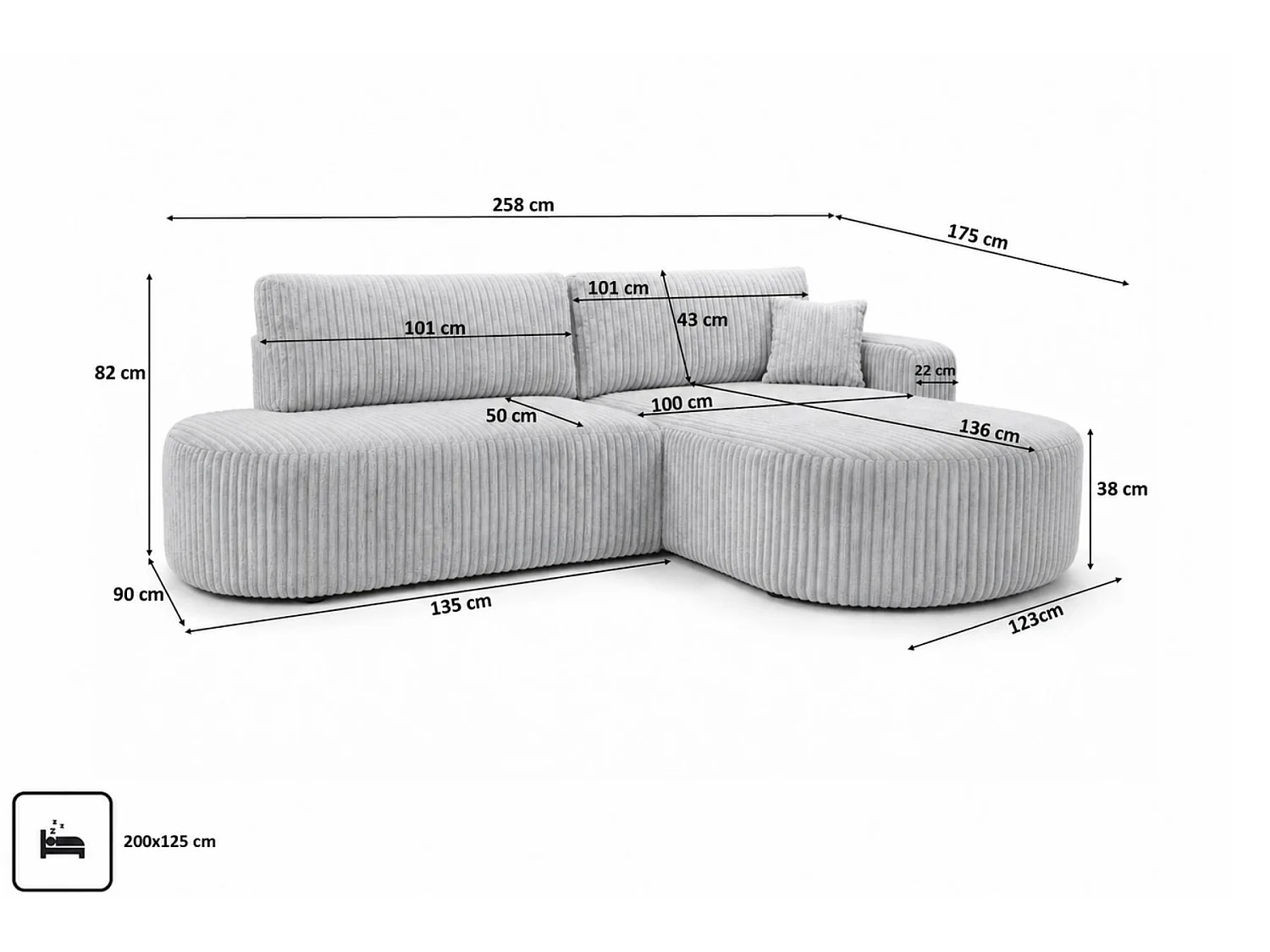 Divano angolare con funzione letto e contenitore, tessuto a coste Tilia, Grigio, Destro, ROUND ONE OPEN XL