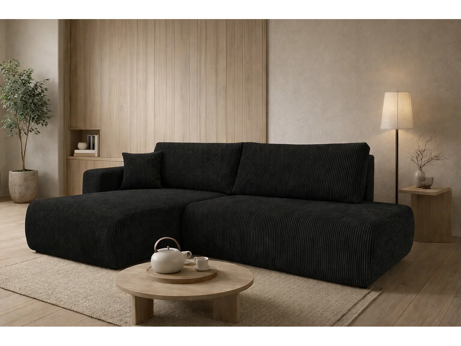 Canapé d’angle avec fonction couchage et coffre de rangement, tissu en velours côtelé Poso, Noir, Gauche, OPEN XL